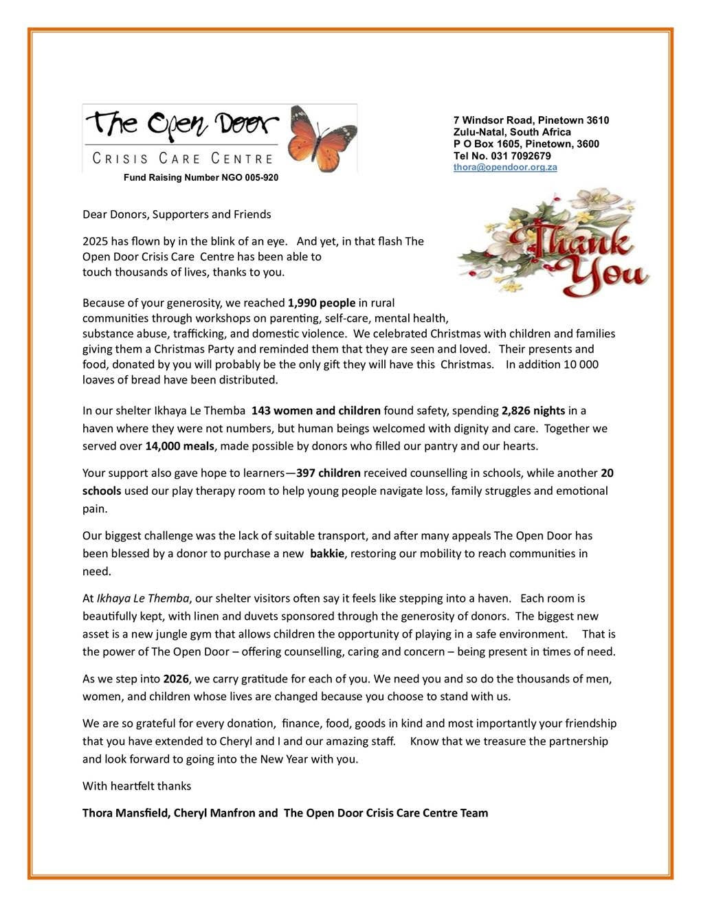Open Door Thank you letter